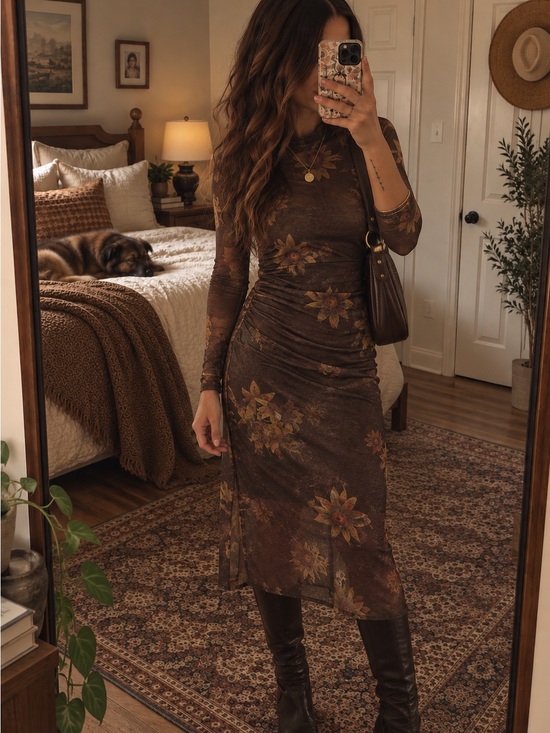 All Saints Dresses & Skirts - AllSaints Brown Floral Sheer Mesh Ruched Midi Dress UK 12 US 8